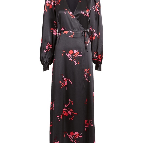 GANNI Women's Black Floral Print Satin Wrap Dress - Picture 8 of 8